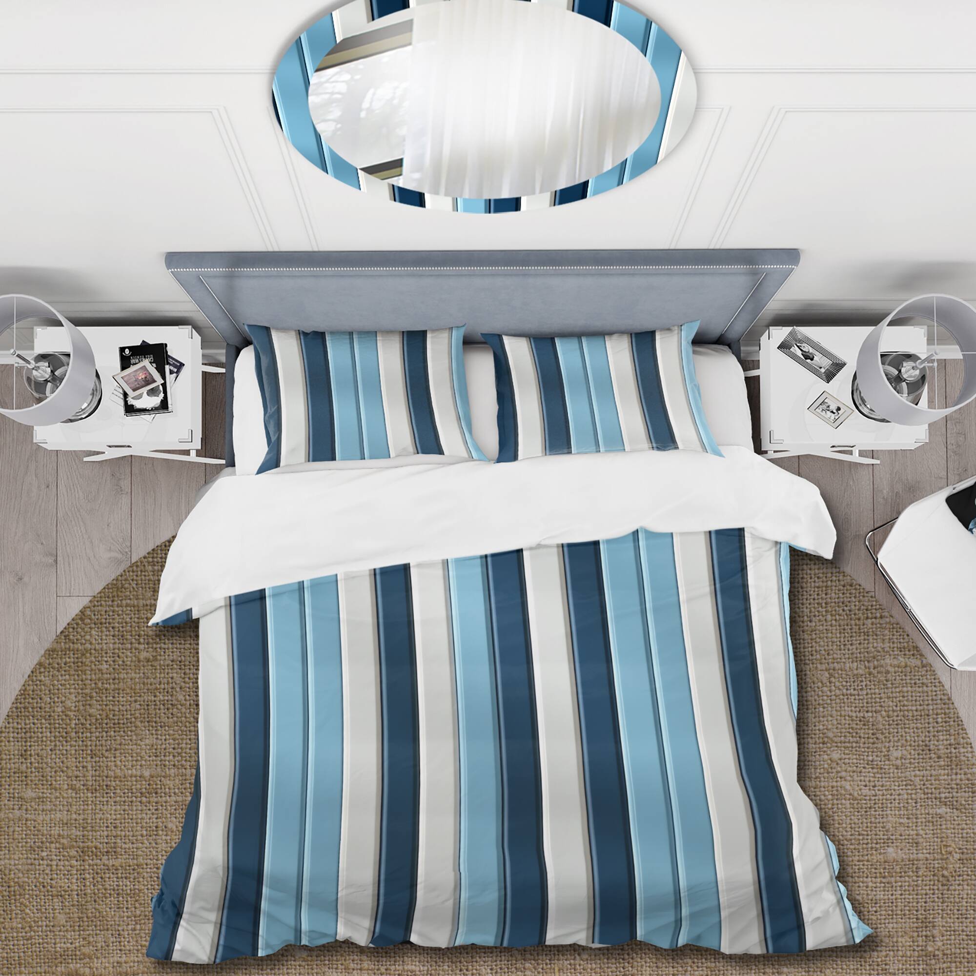 Designart "Elegant Blue And White Striped Pattern" White Modern Bed